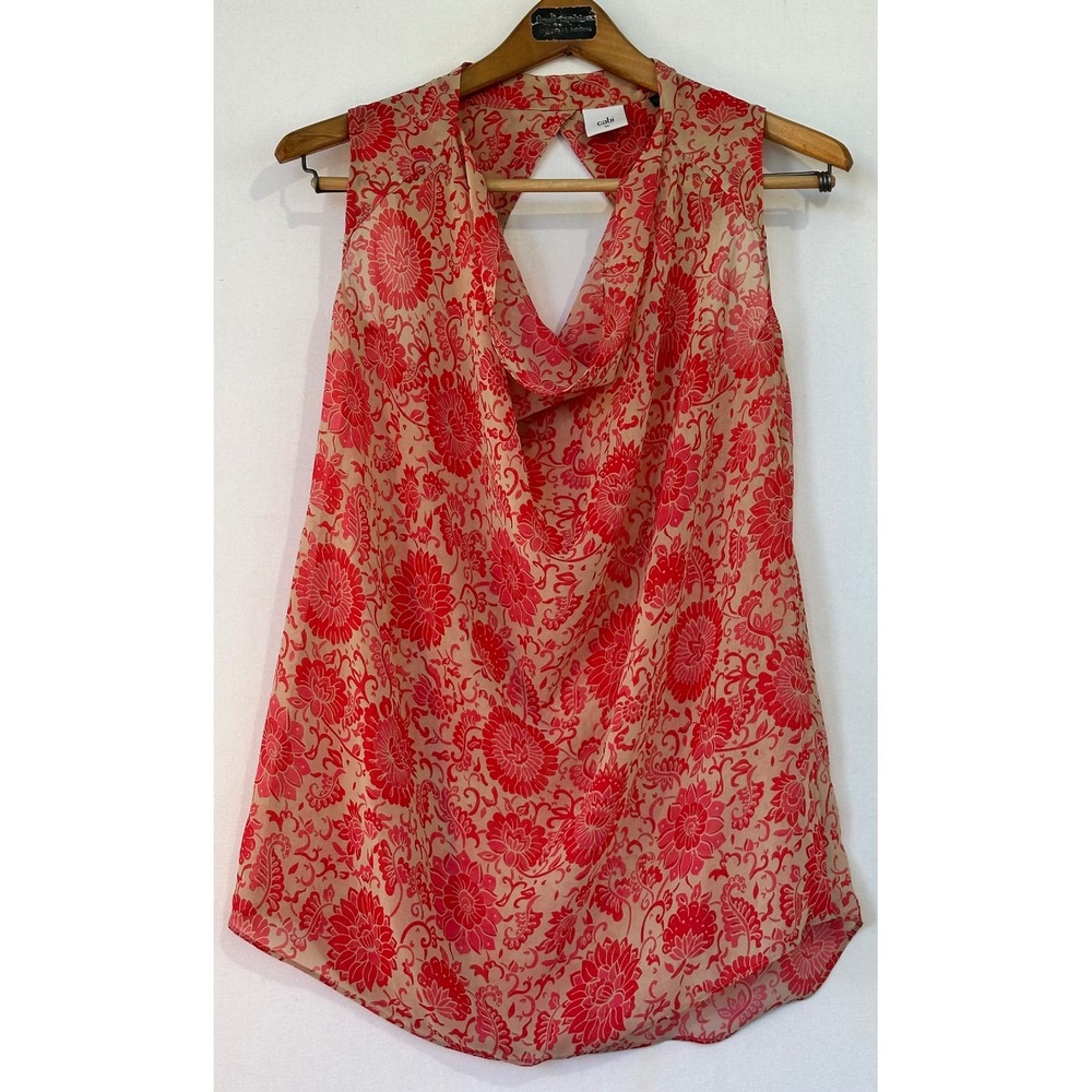 Cabi Sleeveless Blouse Floral Cowl Neck Womens XS Red Classy Business